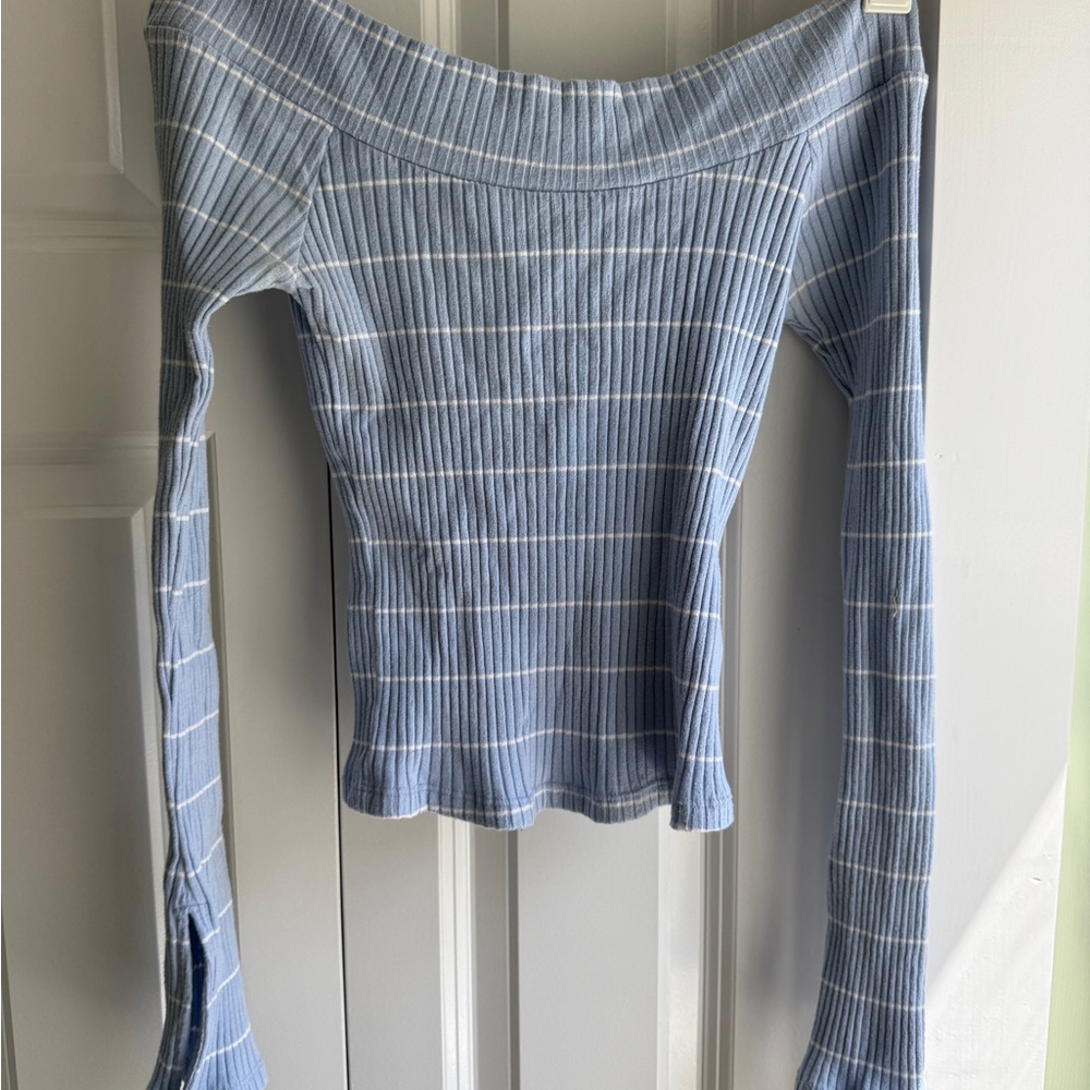 Silence + Noise Blue Striped Off-Shoulder Top